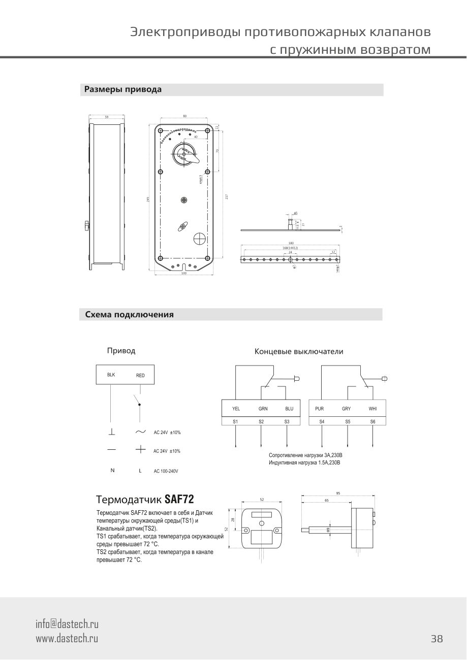 Размеры и схема подключения электропривода Dastech FR-15N24ST