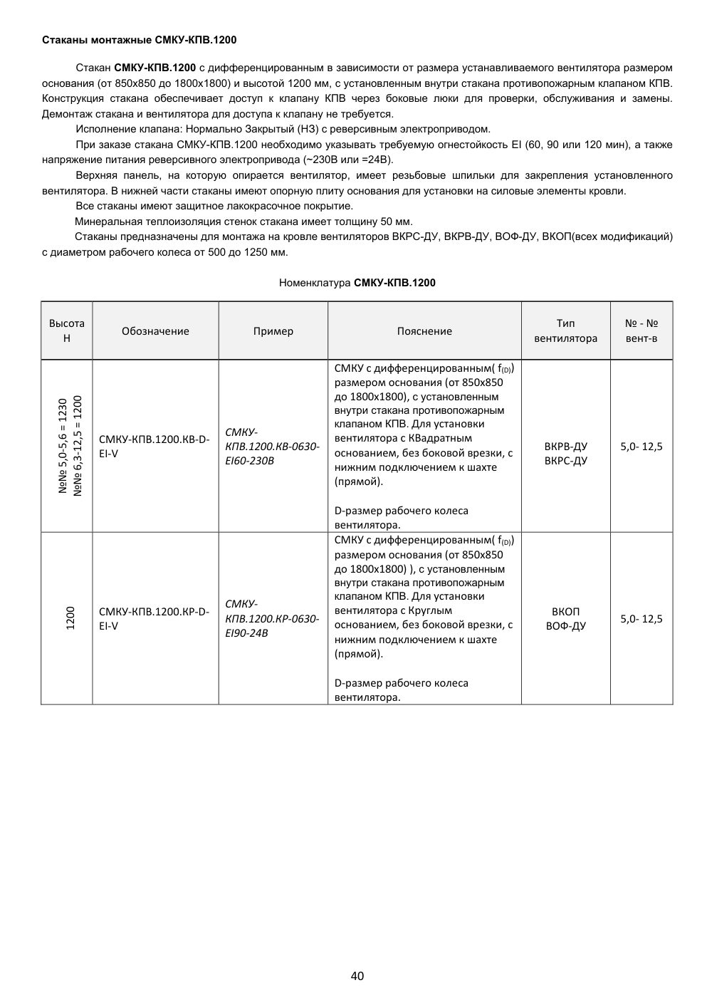 СМКУ-КПВ.1200 — номенклатура и размеры